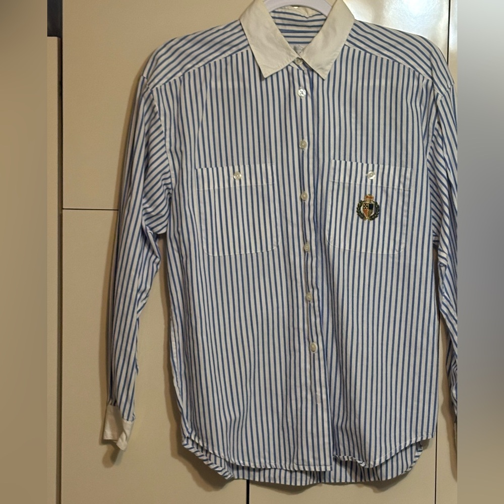 Women Button Down Striped Shirt Blue White Preppy Impt please see measurements